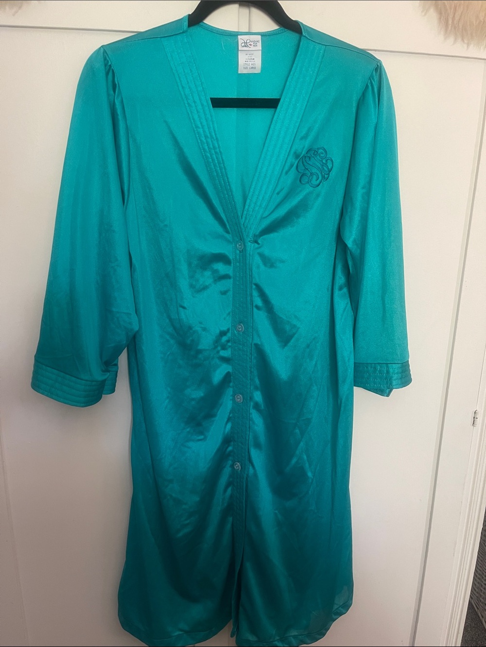 Vintage Teal Satin Button-Front Robe with Monogrammed Chest